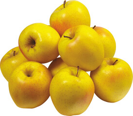 A pile of fresh, ripe golden delicious apples, stacked together on a white background.
