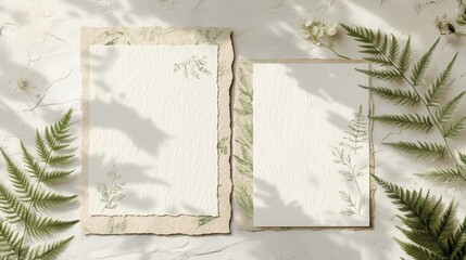 wedding invitation with fern leaves and soft botanical sketches on eco-friendly paper background