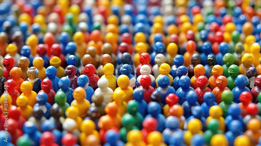 Poster tiny figurines in various hues create a vibrant and dynamic visual pattern on a textured surface rep