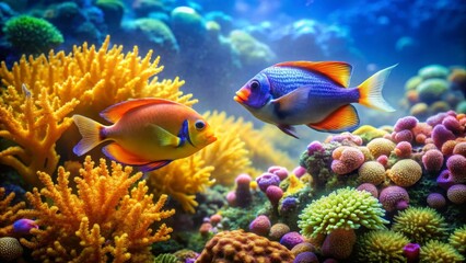 Fototapeta premium Vibrant Reef Inhabitants Two Colorful Fish Gracefully Swim Amidst a Lush Coral Garden, a Serene Underwater Paradise