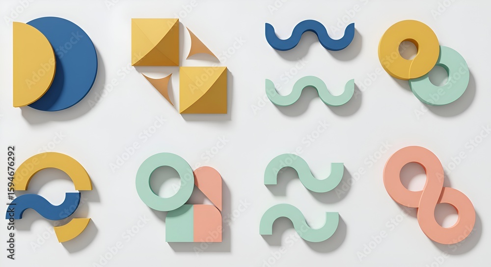 Fototapete geometric shapes in pastel colors arranged on a white background creating a modern design