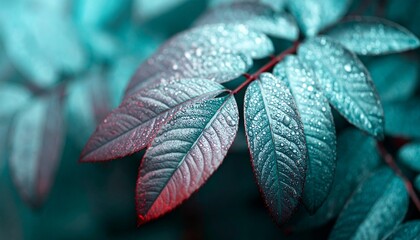 tropical forest leaves covered in dew
