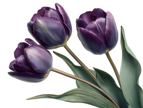  Purple Tulip Bouquet with Green Leaves and Curved Stems Angled Composition Transparent Background   - Powered by Adobe