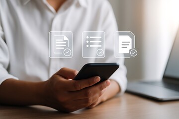 Digital Document Management: Person using smartphone for file verification and approval online, showcasing efficiency and tech integration Illustration