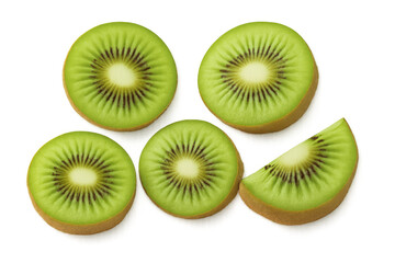 Fototapeta premium Kiwi slices isolated on transparent background, showcasing vibrant green flesh, black seeds, and juicy texture