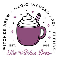Witches brew label hot drink latte witch potion spell blends hot chocolate coffee mug illustration shirt design logo. Magical witchy Halloween cozy fall winter season purple aesthetic sticker clipart.
