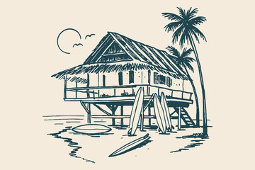 Beach hut with surfboards and palm trees, ink sketch vector illustration