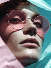 Striking close up of mans face pink sunglasses, surrounded by pastel fabric and lit with high contrast. A modern conceptual portrait exploring gender expression, identity, and bold color aesthetics.