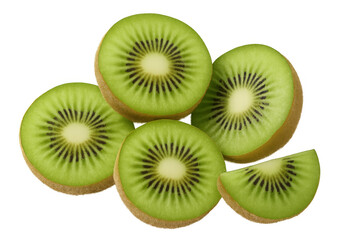 Fototapeta premium Vibrant kiwi slices revealing dark seeds, displaying fresh, juicy pulp against transparent surface for culinary design