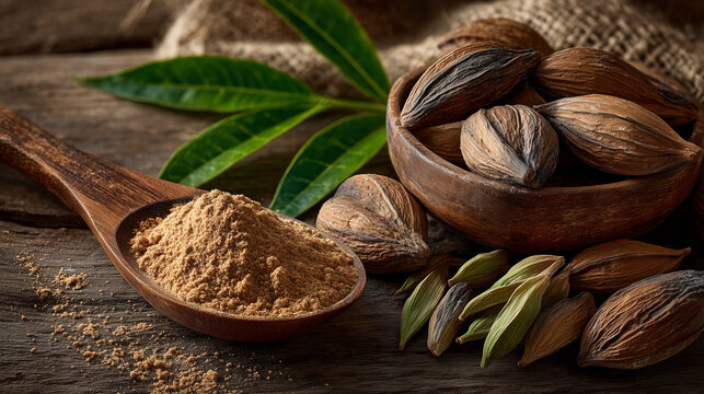 dried Haritaki fruits (Terminalia chebula) arranged neatly on a rustic wooden surface