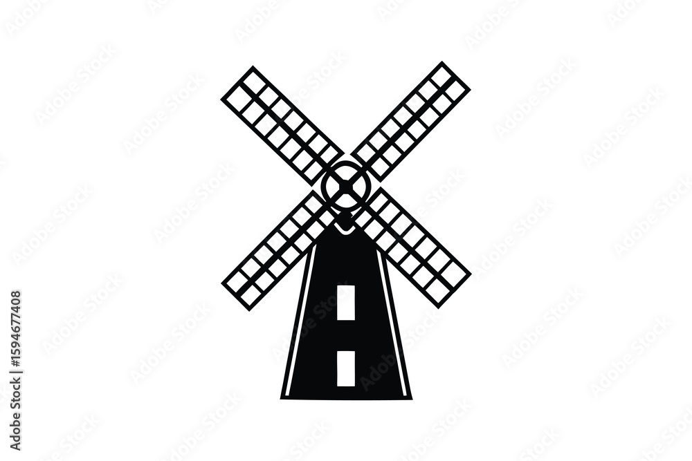 Poster minimalist windmill icon with rotating blades and a simple base design presented as a silhouette sim