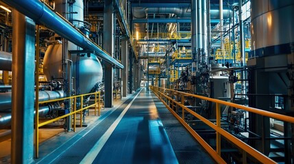 A spacious industrial plant with blue and yellow color scheme, featuring large metal pipes and machinery, with a walkway in the middle.