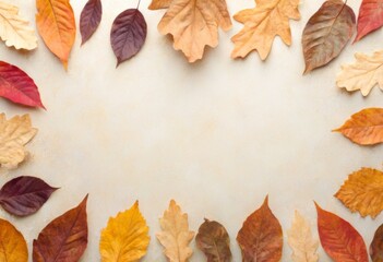 Herbstliche Blätter in warmen Farben bilden einen Rahmen auf hellem Hintergrund, ideal für saisonale Designs oder Grußkarten. Generative KI