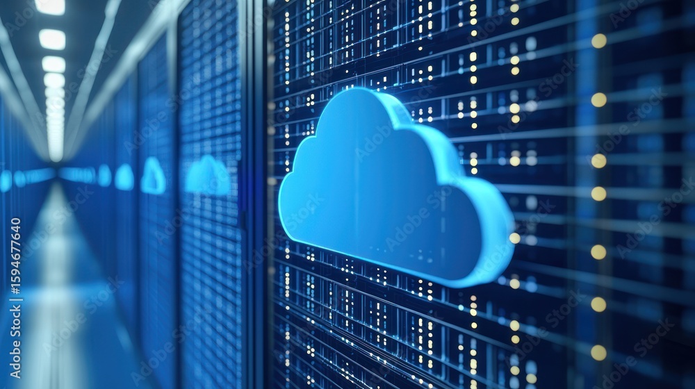 Poster a blue cloud icon on a server room background. the concept of cloud computing and data storage.