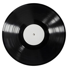 Classic black vinyl record with white label isolated on transparent background