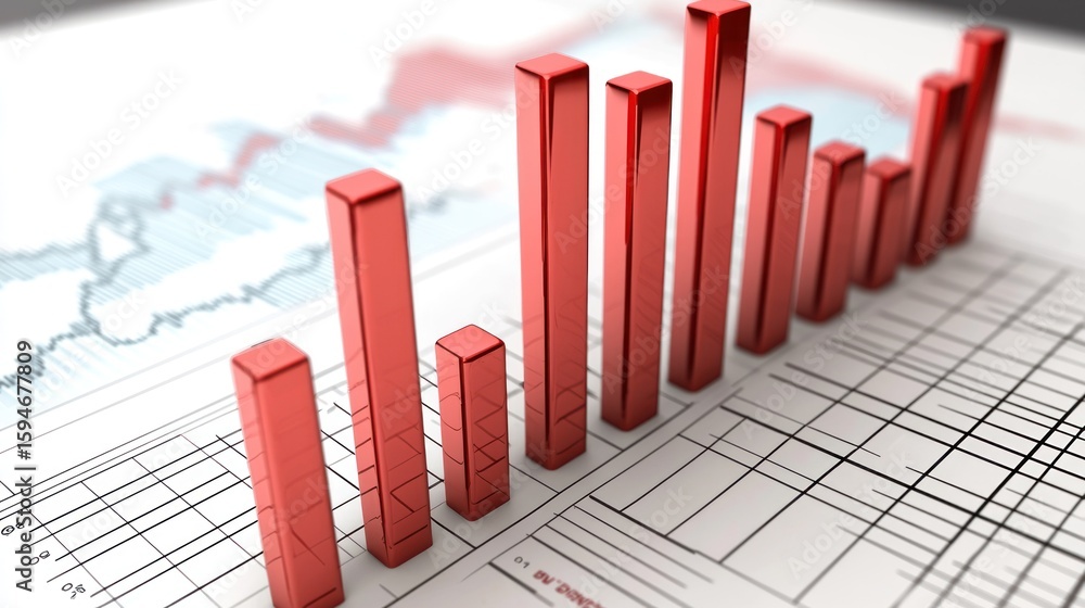 Poster a red and gold bar graph on a white background with a map in the background.