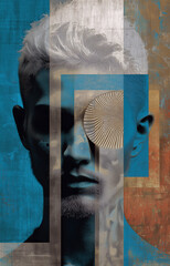 Conceptual illustration of a young man's face with geometric textures and bold color blocks. Stylized composition explores identity, perception, and digital reality through surreal visuals.