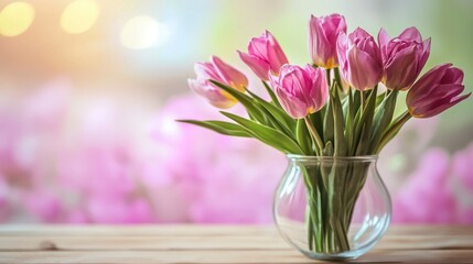 A bouquet of pink tulips in a glass vase on a wooden table with a blurred background of pink tulips.