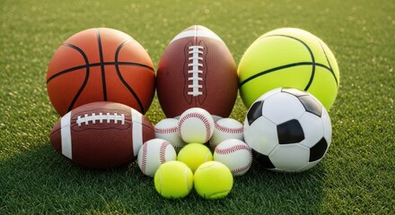 Assorted balls on grass, sports equipment group shot