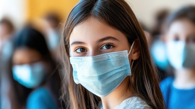 A young girl wearing a face mask, standing in a classroom with other students wearing masks. - Powered by Adobe