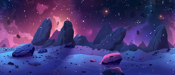 An outer space alien planet scene cartoon video game background design graphic. Seamlessly tiles or repeats horizontally.