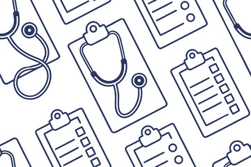 Seamless pattern of clipboards and stethoscopes in a medical or healthcare setting, with a clean and minimalist design