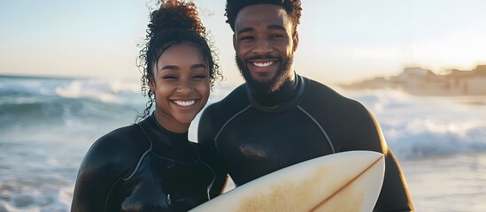 Smiling African American couple with surfboards on the beach
