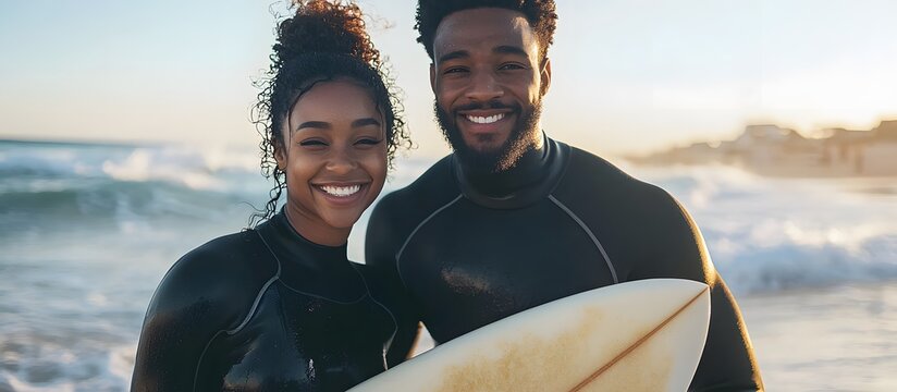 Smiling African American couple with surfboards on the beach