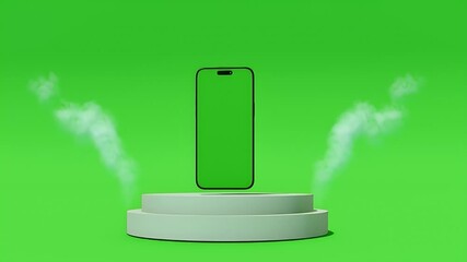 A 3D animated smartphone with a customizable green screen display, floating over a white pedestal with smoke effects. Suitable for product reveals, technology showcases, and modern presentations.