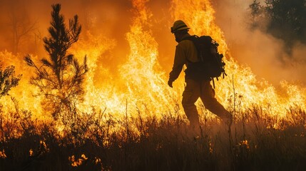 Fototapeta premium A firefighter in full gear, walking through a burning field of grass and trees.