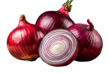 A vibrant group of red onions, one sliced in half, isolated on transparent background