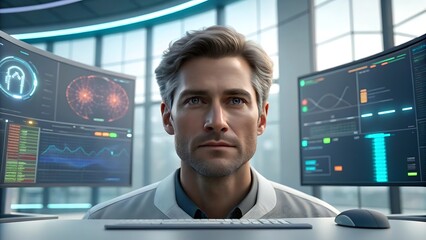 Focused male cyber security professional working in modern tech office