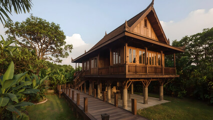 Obraz premium Traditional Wooden House in Tropical Setting