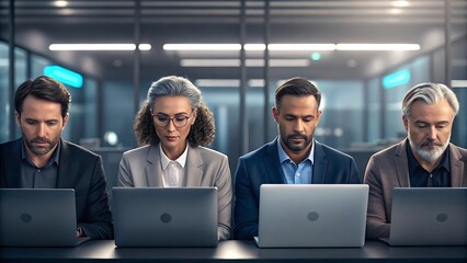 Diverse group of professionals working together on laptops in a modern office