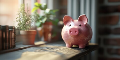 Pink piggy bank on wooden table near potted plants in bright, natural light showcasing a cozy interior setting