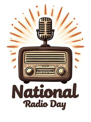 Celebrate National Radio Day with vintage charm, featuring an old radio and microphone against a retro radiant backdrop.