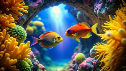 Obraz premium Vibrant Reef Inhabitants Two Tropical Fish Gracefully Interact Amidst a Lush Coral Garden, Illuminated by a Sunbeam Piercing the Ocean's Depths