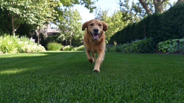 Happy Golden Retriever running on lush green artificial grass lawn in a garden.