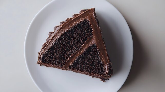 A slice of chocolate cake with rich frosting on a white plate - Powered by Adobe