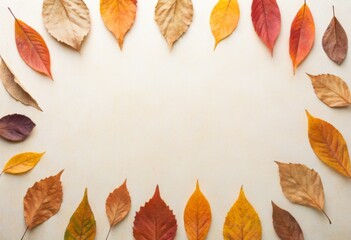 Herbstliche Blätter in warmen Farben bilden einen Rahmen auf hellem Hintergrund, ideal für saisonale Designs oder Grußkarten. Generative KI