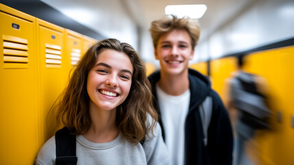 Two students smiling and looking at camera in school hallway filled with yellow lockers. Bright environment capturing youthful energy and camaraderie. Concept of education, teen life, school spirit