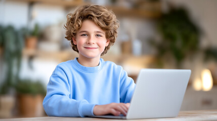 Boy looks at camera while typing on laptop in contemporary workspace with natural light. Cozy atmosphere with indoor plants and wooden shelves. Concept of education, remote work, technology