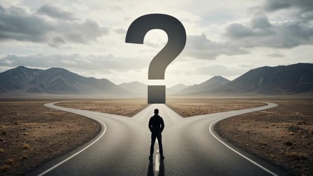 A person stands at a crossroads, a large question mark above, with mountains in the background