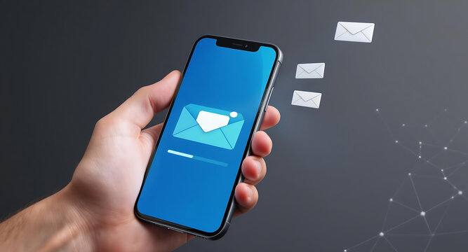 Hand holding smartphone with email app, sending or receiving messages, notifications, digital communication, modern technology, grey background Illustration