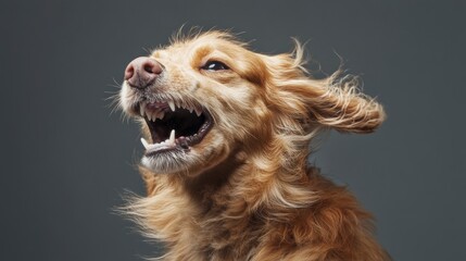 Golden Retriever dog barking with windblown fur against a gray background.