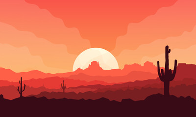 Desert Landscape with Moonlight, Cactus, and Stars, Flat Vector Design