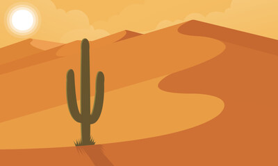 Golden Desert Background with Sand Dunes and Cactus, Flat Vector Style