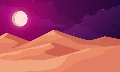 Desert landscape with moon and stars. Vector illustration in flat style