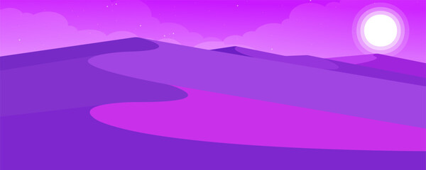 Vivid Desert Sunset with Purple Sky and Mountains, Vector Art