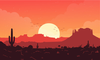 Sunset Desert Landscape with Mountains and Silhouette, Flat Vector Illustration